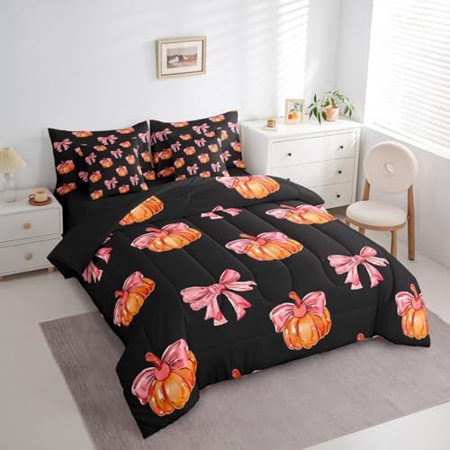 Erosebridal 7 Piece Girls Kawaii Fall Theme Bedding Set King Bowknot Pumpkin Kids Bed in A Bag Watercolor Thanksgiving Comforter Set 7 Piece Cute Fall Pumpkin Sheet Set with Comforter - Image 3