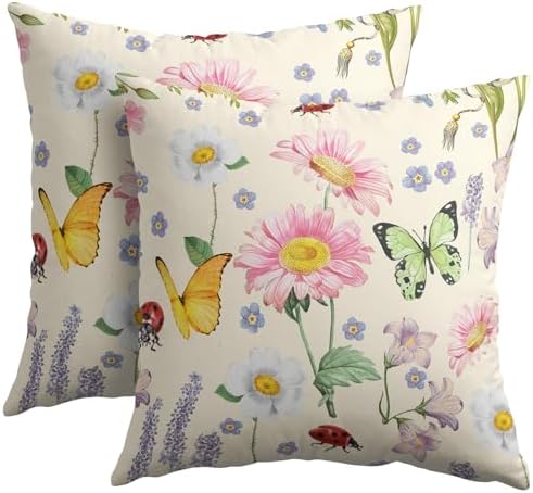 Spring Pillow Covers 18x18 Set of 2 Floral Throw Pillow Covers Rustic Butterfly Pillowcase Linen Decoration Farmhouse Soft Decorative Summer Cushion Case Couch for Indoor Outdoor Home Decor by Trongr