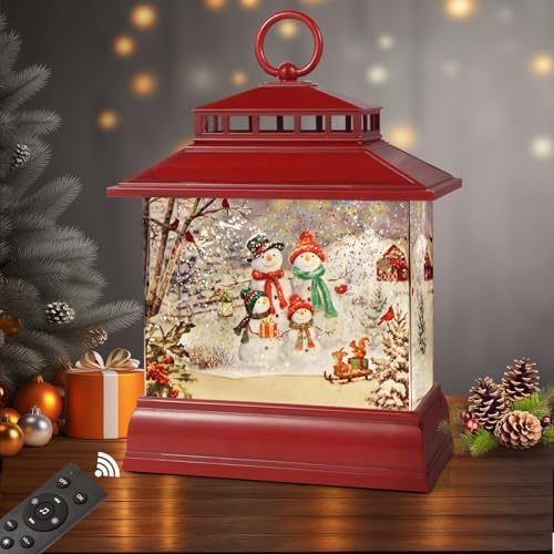 Christmas Snow Globe Lantern Water Glittering Lantern with 8 Songs & 6H Timer Romote Control Christmas Snow Globes USB & Battery Operated for Christmas Festival Decorations Gifts (Snowman Family) by Xyvoxme