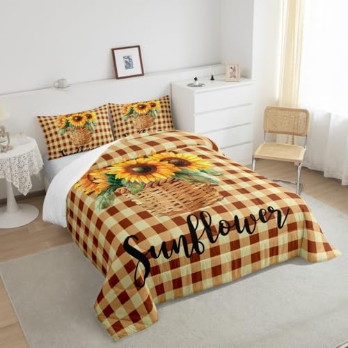 Sunflower Geometric Plaid Comforter Set Full Size,Rustic Farmhouse Bedding Set 3pcs for Kids Girls Adults Home Room Decor,Autumn Floral Quilt Set Nature Yellow Duvet Insert,2 Pillowcases - Image 6