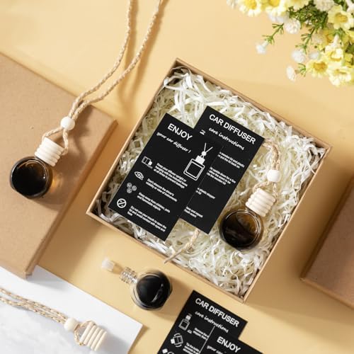 Boao 50 Sets Hanging Car Air Freshener Diffuser Bottles with 2 x 3.54 Inch Car Diffuser Instructions Cards for Empty Essential Oil Bottles(Black Card,Black Round)
