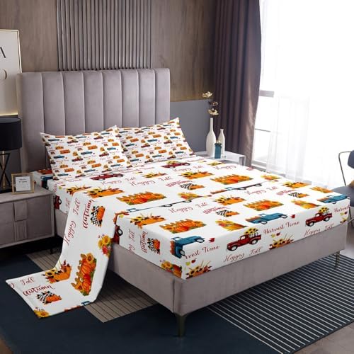 Happy Fall Bedding Set For Kids Queen Plaid Pumpkin Truck Bed Sheets Thanksgiving Harvest Season Sheet Set Autumn Sunflower Harvest Time Fitted Sheet Red Blue Orange Flat Sheet + 2 Pillow Cases - Image 2