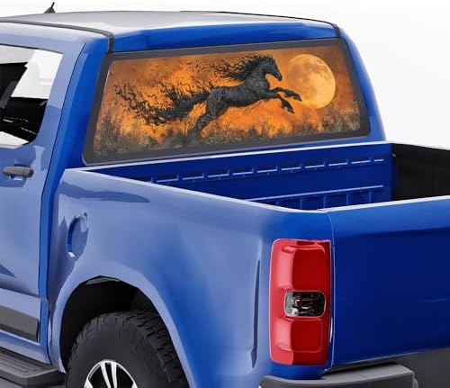 Moonlit Runing Horse Truck Rear Window Graphic Decals, Vintage Glam Fire Animal Pickup Car Window Stickers Truck Back Window Film Decal for Trucks SUV 66 x 22 inch