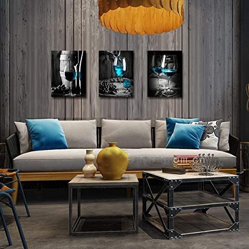 Teal Wine Dining Room Wall Decor Black and Blue Pictures Wall Art for Living Room Glass Goblet Canvas Paintings Home Decorations 16x24 Contemporary Turquoise Kitchen Bedroom Prints Posters 3 Pieces - Image 2