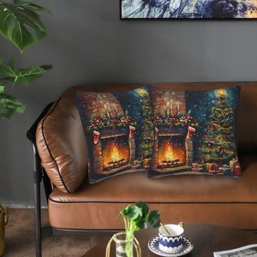 Christmas Tree and Fireplace Throw Pillow Covers 18x18 inch Set of 2 Xmas Pillow Case Cushion Cover for Home Sofa Couch Living Room Car Decor - Image 6