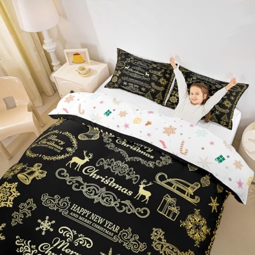 Merry Christmas Kids Duvet Cover Set Full Size,Deer Snowflake Rustic Farmhouse Bedding Set,Girls Boys Adults Room Decor,Christmas Trees Happy New Year Comforter Cover,Retro Quilt Cover,2 Pillowcases - Image 3