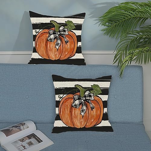 Fall Pillow Covers 16x16 Set of 2 Pumpkin Maple Leaves and Stripes Fall Decor Pillowcase Linen Autumn Thanksgiving Decorative Outdoor Throw Pillow Covers Farmhouse Cushion Case for Couch Home - Image 4
