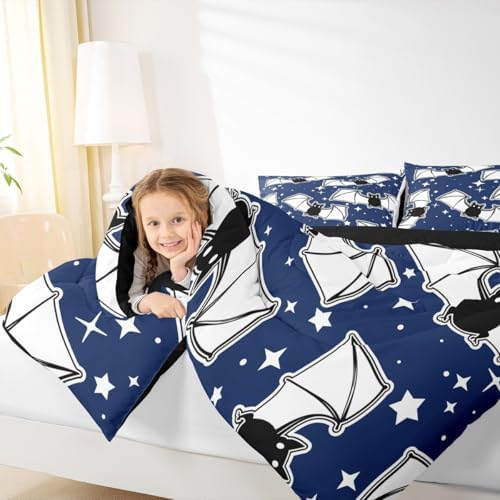 Feelyou Halloween Bedding Set for Girls Boys Kids Toddler Size Black Bats Animal Print Silhouette Comforter Cover Room Decor Happy Holiday Cute Star Print Luxury Duvet Cover Blue Quilt Set - Image 6