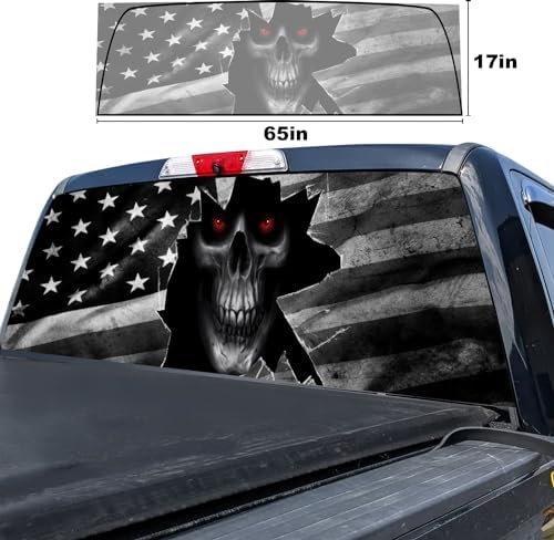 Skull American Flag Rear Window Decal for Truck,Black Flag Skull Truck Rear Window Decal,American Flag Decals for Truck Car SUV (Skull,65x17in)