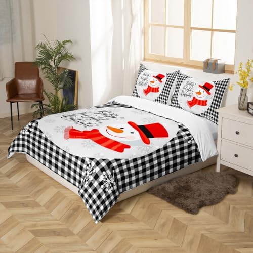 Cute Snowman Kids Duvet Cover Set Full Size,Merry Christmas Snowflake Xmas Bedding Set,Girls Boys Adults Room Decor,Geometric Grids Plaids Chic Comforter Cover,Black White Quilt Cover,2 Pillowcases - Image 5