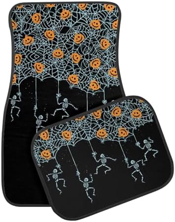 Aqua Spider Web Skeleton Black Print Funny Halloween Car Floor Mats 4 PCS, Cute Durable Interior Accessories for Car SUV, All Weather Floor Mats with Front Rear Trunk Liners Set for Party