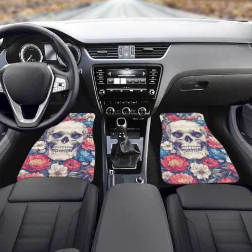 Sugar Skull Car Accessories Floor Mats 4PCS, Floral Rubber Front and Rear Mats Non-Slip Floor Mats, All Season Heel Pad Fit for SUV Van