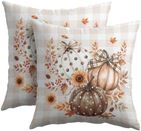 Fall Thanksgiving Pillow Covers 16x16 Set of 2 Autumn Pumpkin Maple Leaves Dot Floral Outdoor Throw Pillows Covers Orange Cream Plaid Bow Decorative Farmhouse Cushion Case for Living Room Couch Sofa by Unknown