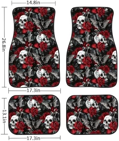 Skull Car Rubber Floor Mat Retro Gothic Rose Bat 4PCS Geometric Fragments Front and Rear Mats Non-Slip Floor Mats Heel Pad Halloween Black Skull Fit for SUV Van Truck Car