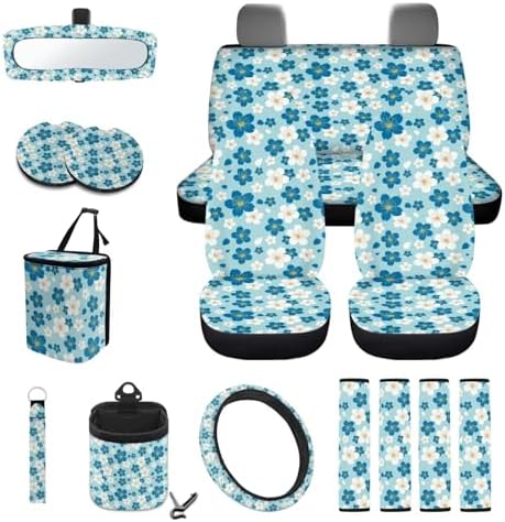 White Blue Cherry Blossom Pattern Car Seat Covers 15Pcs Full Set Car Steering Wheel Cover Seat Belt Cover Trash Bin Air Vent Storage Box Rear View Mirror Car Cup Holder Keychain