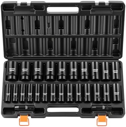 VEVOR Impact Socket Set, 26pcs x 1/2inch Metric 10mm-36mm Impact Sockets, 6-Point Deep Socket Rugged Construction High-torque, Cr-V 1/2 Inches Drive Socket Set Impact with a Storage Cage by VEVOR