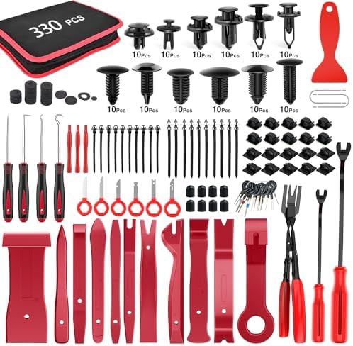 GOOACC 330Pcs Trim Removal Tool, Auto Push Pin Bumper Retainer Clip Set Fastener Terminal Remover Tool Adhesive Cable Clips Pry Kit Car Panel Radio Removal Auto Clip Pliers, Red by GOOACC