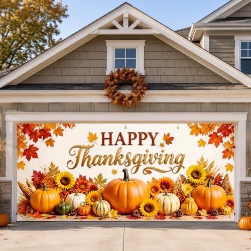 IVN Thanksgiving Garage Door Cover 16x7ft Pumpkin Sunflower Fall Banner - Image 2