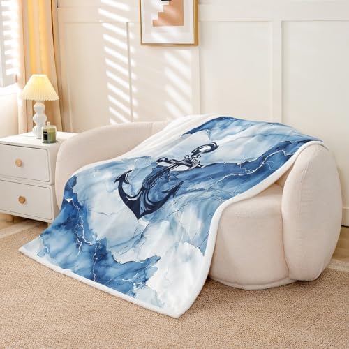 Marble Sherpa Blanket Nautical Anchor Throw Blanket Bedroom Living Room Soft Cozy Modern Abstract Ink Painting Blankets Decor for Bed Couch Sofa Blue White Black Flannel Blankets 90"x90" - Image 5