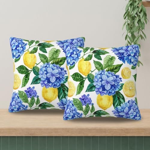 KiuLoam Summer Lemon Hydrangea Pillow Covers 16x16 Set of 2 Blue Yellow Floral Decorative Throw Pillow Covers Outdoor Farmhouse Cushion Cases for Sofa Couch Bed Living Room Decor - Image 3