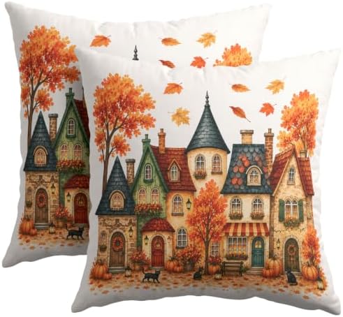 Fall Fairy Tale Cottage Pillow Covers 22x22 Set of 2 Thanksgiving Orange Pumpkin Maple Leaves Outdoor Throw Pillows Covers Black Cat Decorative Farmhouse Cushion Case for Room Couch Sofa by Unknown