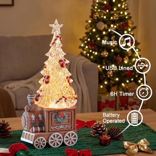 Christmas Train Snow Globe with Music, Lighted Christmas Tree Water Lantern with Swirling Glitter, USB & Battery Powered with Timer, Candy Cane Christmas Decorations Indoor Gifts - Image 4