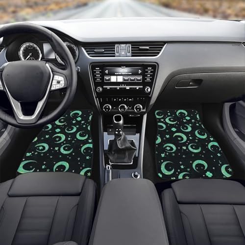Crescent Moon Floor Mats for Cars All Weather, Green Star Moon 4-Piece Carpet Vehicle Floor Mats Universal Fit, Starry Night Anti-Slip1st & 2nd Row Auto Interior Mat