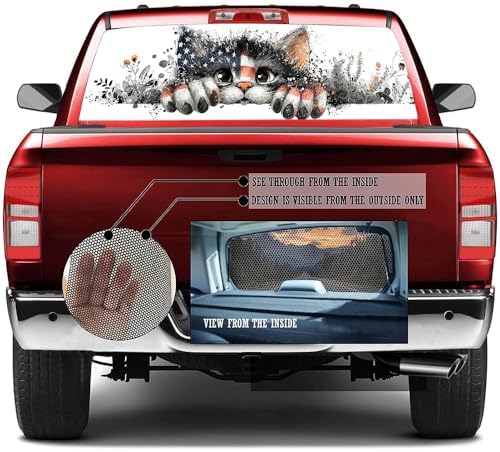 Cute Cat Rear Window Decals for Trucks, Cartoon Animal American Flag Window Decal Back Window Tint Graphic Perforated Vinyl Pickup Truck Stickers 66 x 22 inch