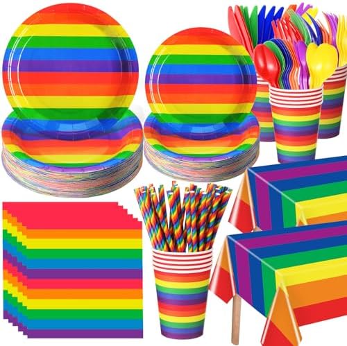 Funnymoom 452 Pcs 50 Guests Pride Party Supplies Decoration, Rainbow Pride Paper Plates Napkins Cups Tablecloth Cutlery Straws Gay Lgbt Disposable Tableware Sets for Rainbow Birthday Table Decoration by Funnymoom
