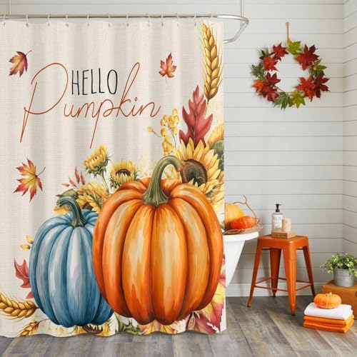 Fall Shower Curtain Autumn Hello Pumpkin Bathroom Curtains with Hooks, Waterproof Polyester Fabric Harvest Thanksgiving Maple Leaves Sunflower Shower Curtains Set for Bathroom Bathtubs Decor 60"x72" - Image 4