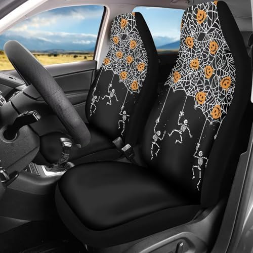 White Spider Web Skeleton Black Halloween Print 2 PCS Cool Graphic Car Seat Covers Unique Print Front Auto Seat Cover,Car Bucket Seats Protector Covers Universal fit for SUV Sedan Van