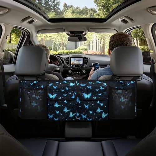 Blue Butterfly Print Car Trunk Organizer with 4 Pockets Hanging Car Backseat Storage Bag Detachable Car Storage Accessories for SUV Sedans Hatchback Crossover Minivan