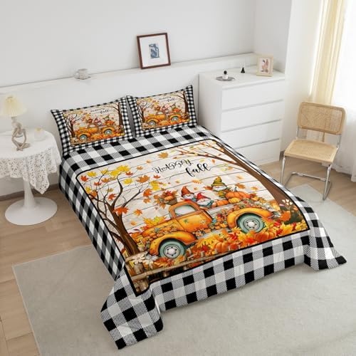 Homewish Happy Fall Comforter Set Queen Size Pumpkin Truck Maple Leaves Gnomes Bedding Set,Vintage Black White Grid Quilt Set for Kids Girls Boys Adult Room Decor,Rustic Farmhouse Duvet Insert 3Pcs - Image 3
