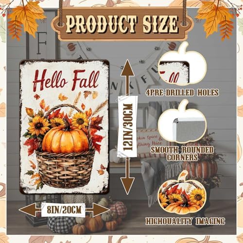 Fall Sign Thanksgiving Day Pumpkin Retro Tin Sign Hello Fall 8x12Inch - Image 2