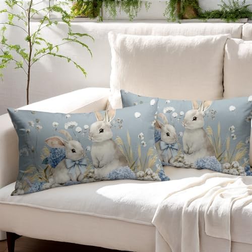 Easter Pillow Covers 12x20 Set of 2 Spring Throw Pillow Covers Rustic Cute Bunny Rabbit Pillowcase Linen Decoration Farmhouse Soft Decorative Blue Cushion Case Couch for Indoor Outdoor Home Decor - Image 3
