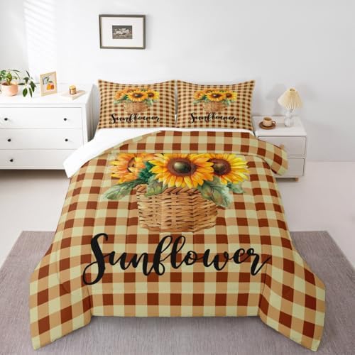 Sunflower Geometric Plaid Comforter Set Full Size,Rustic Farmhouse Bedding Set 3pcs for Kids Girls Adults Home Room Decor,Autumn Floral Quilt Set Nature Yellow Duvet Insert,2 Pillowcases - Image 5