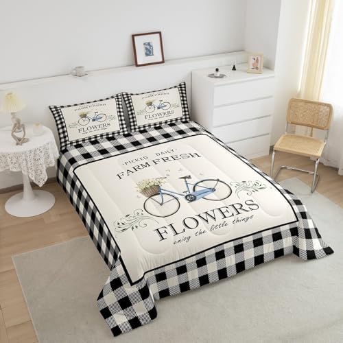 Rustic Farmhouse Comforter Set King Size Vintage Bicycle Flowers Quilt Set Geometric Black White Plaid Bedding Set 3pcs for Kids Girls Women Room Decor Spring Nature Duvet Insert,2 Pillowcases - Image 3