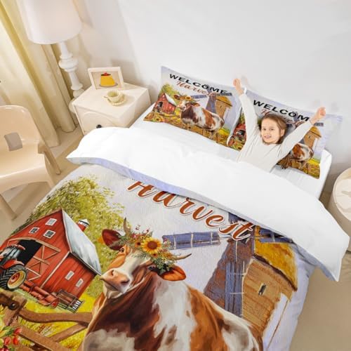 Fall Harvest Kids Duvet Cover Set Full Size,Cow Rustic Farmhouse Bedding Set,Girls Boys Adults Room/Cabin Decor,Sunflowers Pumpkin Autumn Comforter Cover,Colorful Bright Quilt Cover,2 Pillowcases - Image 3