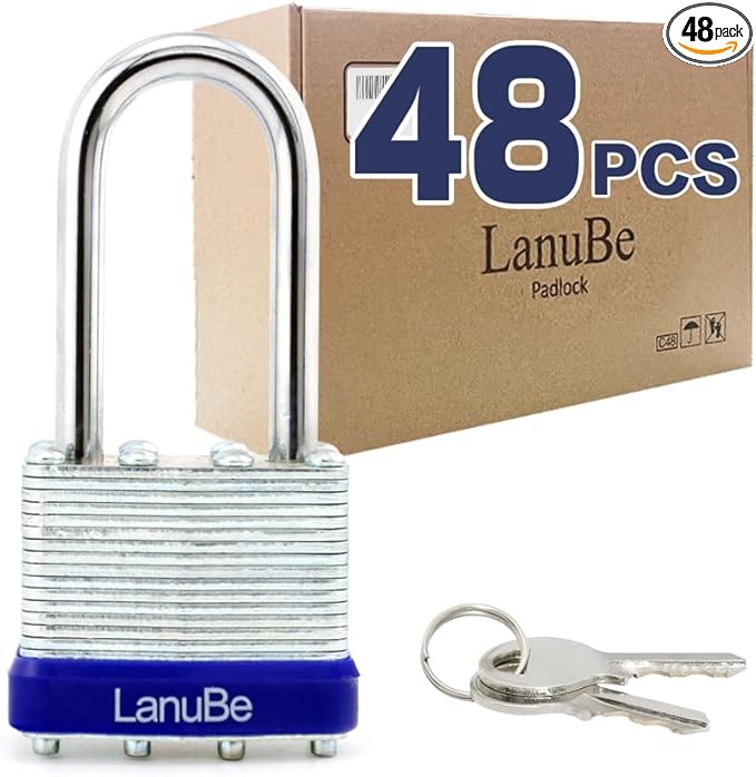 LanuBe Laminated Padlock 1-9/16inch Long Shackle 48 Pack Keyed Alike, Bulk Locks by LanuBe