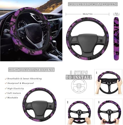 Halloween Bat Car Seat Covers Full Sets 12Pcs Tie Dye Bat Car Steering Wheel Covers+Coaster+Keychain+Armrest Pads for Women Men，Universal Fit Automotive Interior Sets Halloween Decoration