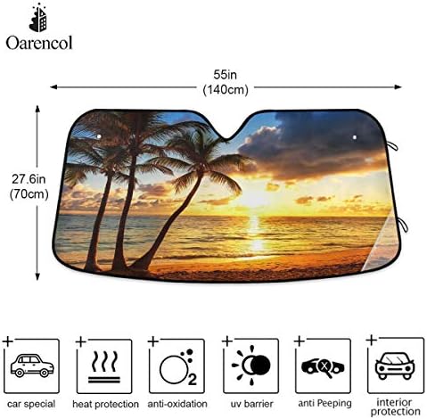 Palm Tree Car Windshield Sun Shade Tropical Sunset Beach Ocean Foldable UV Ray Sun Visor Protector Sunshade to Keep Your Vehicle Cool (55" x 27.6")
