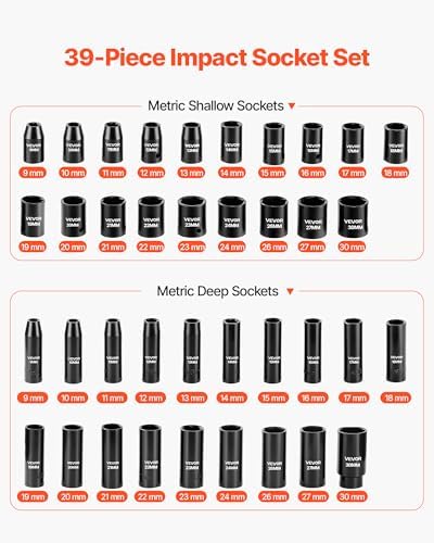 VEVOR 39-Piece Impact Socket Set 1/2" Drive, Metric (9 to 30 mm) Size, Deep & Shallow, 6-Point, CR-V, Universal Joint, Heavy Duty Carrying Case - Image 3