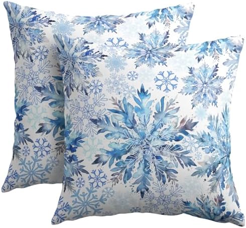 Christmas Pillow Covers 16x16 Set of 2 Decorations Blue White Snowflakes Throw Pillow Covers Decorative Vintage Winter Pillow Case Farmhouse Rustic Pillowcases Cozy Soft for Sofa Bed Chair Home Decor by Trongr