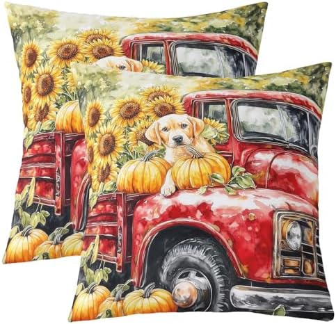 Manfei Pumpkin Red Truck 2 Pack Pillow Covers,Cute Puppy Dog Sunflower Rustic Farmhouse Soft Square Cushion Case,Fall Harvest Thanksgiving Day Throw Pillow Coverss Double Sides,20"x 20" by Manfei