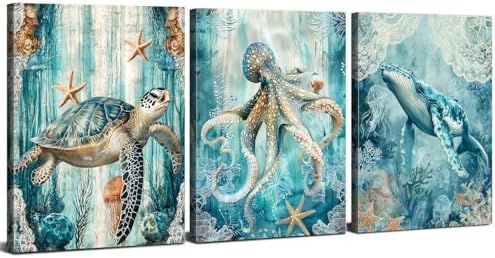 Blue Underwater World Wall Art Coastal Dolphin Decor for Bathroom Ocean Sea Turtle Marine Life Painting Beach Starfish Seascape Photo Prints Picture Nautical Artwork Nursery Home Decorations 24x36" 3P by sunfrower