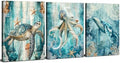 Blue Underwater World Wall Art Coastal Dolphin Decor for Bathroom Ocean Sea Turtle Marine Life Painting Beach Starfish Seascape Photo Prints Picture Nautical Artwork Nursery Home Decorations 24x36" 3P by sunfrower