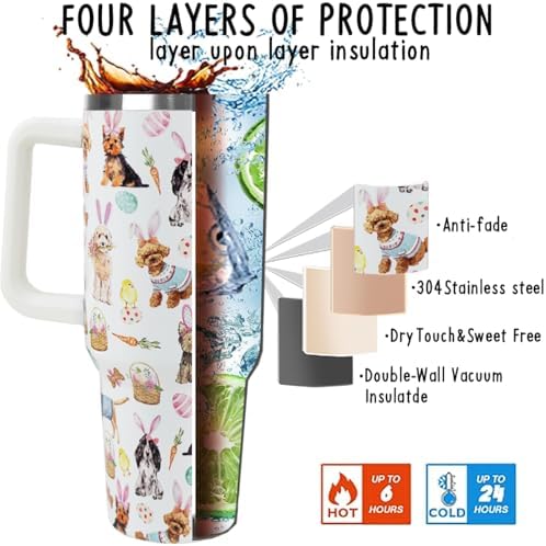 Easter Tumbler 40oz Bunny Ears Dog Cup Coffee Mugs Cute Puppy Chick Leak Proof Cups with Handle and Straw Stainless Steel Vacuum Insulated Water Bottle Easter Gifts Spring Decor (1PCS) - Image 4