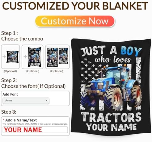 Personalized Tractor Blanket for Boys, Cute Farm Trucks Throw Blanket Gifts for Kids Teens Truck Lovers, 50x60 Inches Custom Name Black Soft Flannel Car Blankets for Couch - Image 3