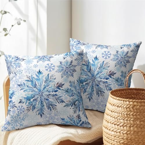 Christmas Pillow Covers 16x16 Set of 2 Decorations Blue White Snowflakes Throw Pillow Covers Decorative Vintage Winter Pillow Case Farmhouse Rustic Pillowcases Cozy Soft for Sofa Bed Chair Home Decor - Image 7