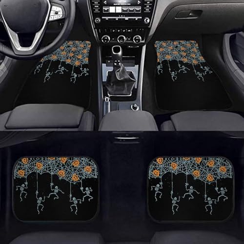 Aqua Spider Web Skeleton Black Print Funny Halloween Car Floor Mats 4 PCS, Cute Durable Interior Accessories for Car SUV, All Weather Floor Mats with Front Rear Trunk Liners Set for Party